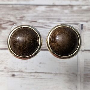 Vintage Clip On Earrings - Domed Patterned Brown with Gold Tone Halo